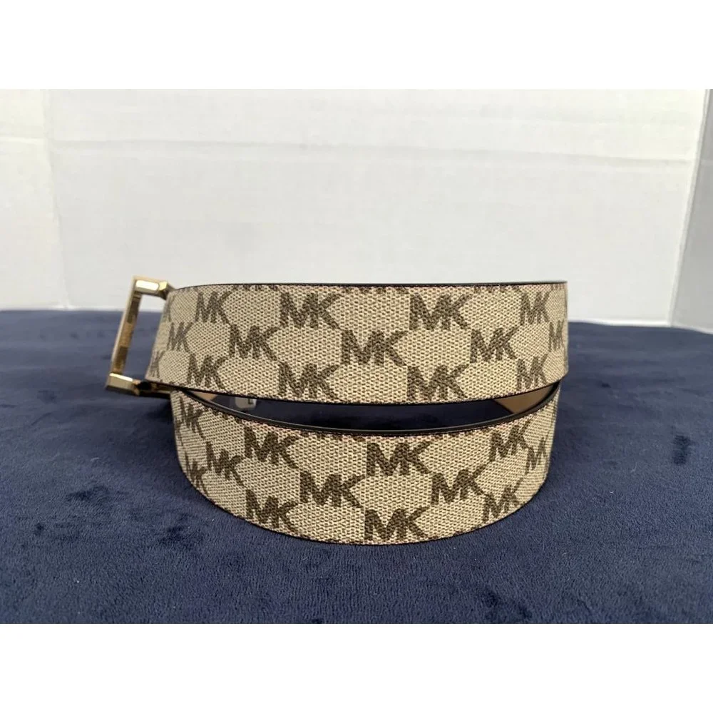 Michael Kors Signature Belt Medium Ivory Brown Logo Gold Buckle New with‎ tags